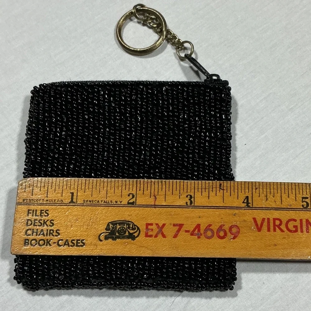 Hand Beaded Sequin Bacon‎ Coin Purse Keychain Black Zipper Pouch Novelty